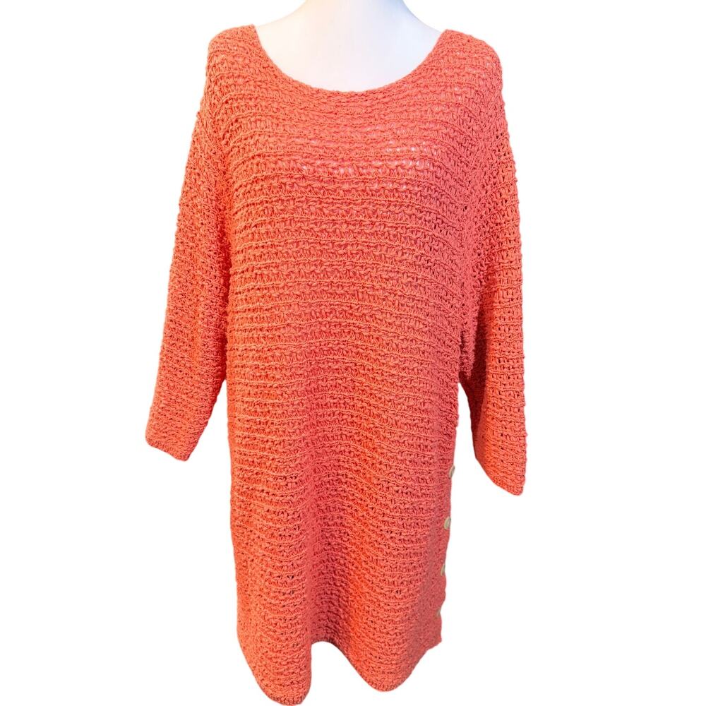 J.Jill Coral Open Knit Cotton Tunic Sweater XL Side Button Boho Coastal - Picture 2 of 8